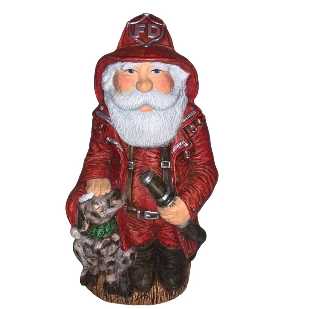 Santa Firefighter Fireman with  Dog Figurine-  9 inch Ceramic